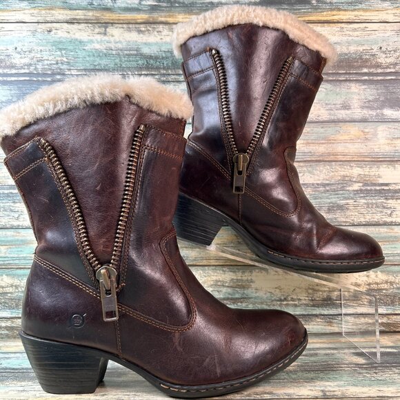 Born Shoes - Born Boots Womens Size 7.5 Brown Leather Shearling Lined Pull On Ankle Faux Zip